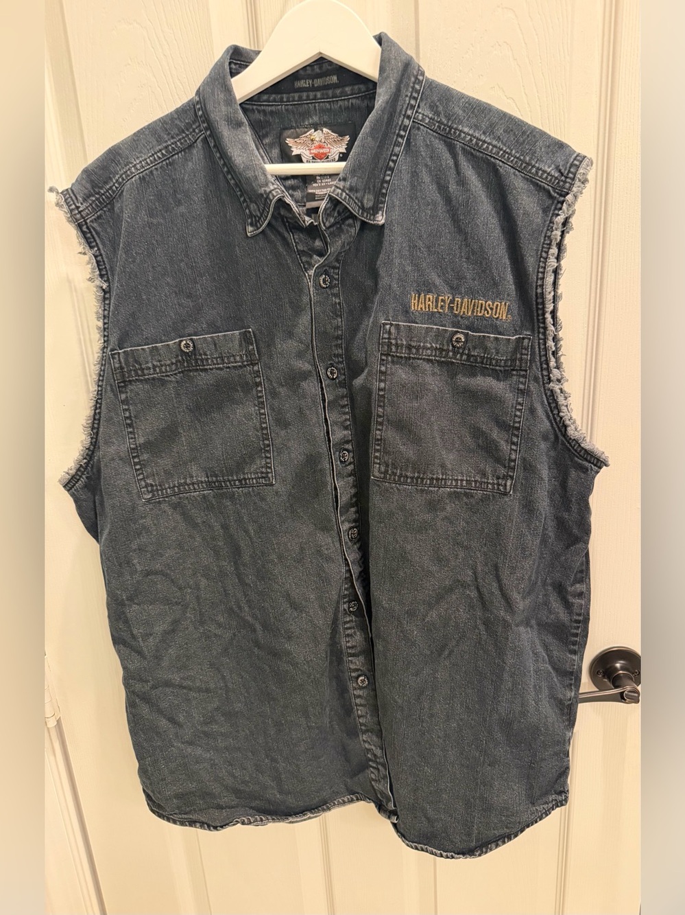 VTG Harley Davidson Embroidered Denim Vest Sleeveless Blowout Shirt Men's 2XL